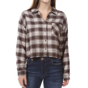 NWT Pink Rose Brown and Black Plaid Flannel - Fall Shacket - Cropped - Distress